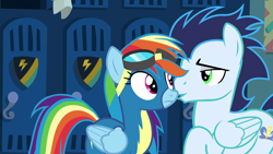 Size: 1920x1080 | Tagged: safe, screencap, character:rainbow dash, character:soarin', species:pegasus, species:pony, episode:grannies gone wild, g4, my little pony: friendship is magic, clothing, duo, female, goggles, locker room, male, mare, raised hoof, stallion, uniform, wonderbolts uniform