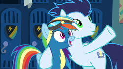 Size: 1920x1080 | Tagged: safe, screencap, character:rainbow dash, character:soarin', species:pegasus, species:pony, episode:grannies gone wild, g4, my little pony: friendship is magic, clothing, duo, female, goggles, locker room, male, mare, stallion, uniform, wonderbolts uniform, x x everywhere
