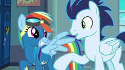 Size: 1920x1080 | Tagged: safe, screencap, character:rainbow dash, character:soarin', species:pegasus, species:pony, episode:grannies gone wild, g4, my little pony: friendship is magic, clothing, duo, female, goggles, grin, locker room, male, mare, smiling, spread wings, stallion, uniform, wings, wonderbolts uniform