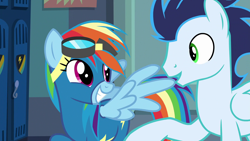 Size: 1920x1080 | Tagged: safe, screencap, character:rainbow dash, character:soarin', species:pegasus, species:pony, episode:grannies gone wild, g4, my little pony: friendship is magic, clothing, duo, female, goggles, grin, locker room, male, mare, smiling, spread wings, stallion, uniform, wings, wonderbolts uniform