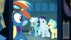 Size: 1920x1080 | Tagged: safe, screencap, character:fleetfoot, character:misty fly, character:rainbow dash, character:soarin', species:pegasus, species:pony, episode:grannies gone wild, g4, my little pony: friendship is magic, bag, bedroom eyes, clothing, female, frown, goggles, grin, lidded eyes, lip bite, locker room, male, mare, mouth hold, raised hoof, smiling, stallion, surprised, uniform, wonderbolts uniform