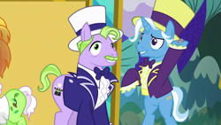 Size: 1920x1080 | Tagged: safe, screencap, character:auntie applesauce, character:jack pot, species:pony, species:unicorn, episode:grannies gone wild, g4, my little pony: friendship is magic, big bucks, bow tie, clothing, duo focus, hat, male, stallion, suit, top hat