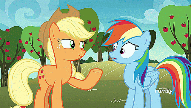 Size: 640x361 | Tagged: safe, screencap, character:applejack, character:rainbow dash, species:earth pony, species:pegasus, species:pony, episode:grannies gone wild, g4, my little pony: friendship is magic, animated, apple tree, female, mare, rainbow slaps, slapping, tree