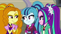Size: 1280x714 | Tagged: safe, screencap, character:adagio dazzle, character:aria blaze, character:sonata dusk, equestria girls:rainbow rocks, g4, my little pony:equestria girls, >:), adorabolical, adoragio, ariabetes, cute, evil grin, female, gem, grin, pigtails, ponytail, scheming, siren gem, smiling, sonatabetes, the dazzlings, trio, trio female, twintails