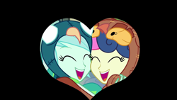 Size: 1920x1080 | Tagged: safe, screencap, character:bon bon, character:lyra heartstrings, character:sweetie drops, species:owl, ship:lyrabon, episode:all's fair in love & friendship games, equestria girls:friendship games, g4, my little pony:equestria girls, adorabon, best friends, bird costume, bon owl, cute, duo, female, happy, heart, hug, laughing, lesbian, lyrabetes, nuzzling, peacock, shipping, smiling