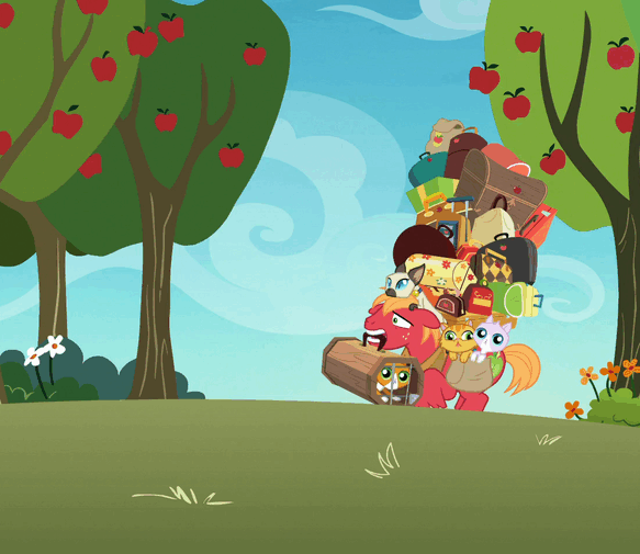 Size: 583x505 | Tagged: safe, screencap, character:big mcintosh, episode:grannies gone wild, g4, my little pony: friendship is magic, animated, apple tree, carrying, cat, cropped, gif, luggage, tree