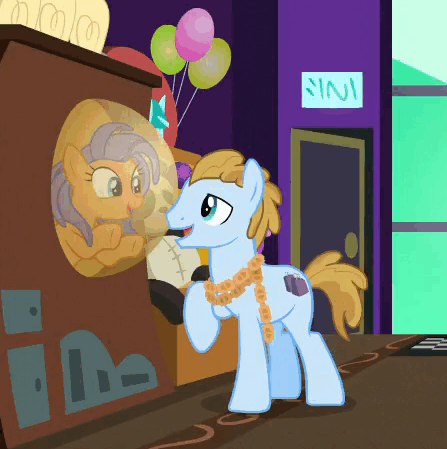 Size: 447x449 | Tagged: safe, screencap, character:frying pan, character:opulence, species:pony, species:unicorn, episode:grannies gone wild, g4, my little pony: friendship is magic, animated, background pony, balloon, casino, cropped, cute, female, gif, las pegasus, las pegasus resident, male, mare, panda, plushie, tickets, waifu machine