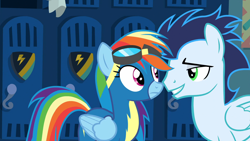 Size: 1920x1080 | Tagged: safe, screencap, character:rainbow dash, character:soarin', species:pegasus, species:pony, episode:grannies gone wild, g4, my little pony: friendship is magic, clothing, duo, female, goggles, locker room, male, mare, shipping fuel, stallion, uniform, wonderbolts uniform