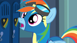 Size: 1920x1080 | Tagged: safe, screencap, character:rainbow dash, species:pegasus, species:pony, episode:grannies gone wild, g4, my little pony: friendship is magic, clothing, female, goggles, locker room, mare, open mouth, solo, uniform, wonderbolts uniform