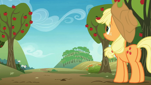 Size: 600x338 | Tagged: safe, screencap, character:applejack, character:rainbow dash, species:earth pony, species:pegasus, species:pony, episode:grannies gone wild, g4, my little pony: friendship is magic, animated, apple tree, covering face, duo, female, landing, lip bite, lithobraking, mare, one eye closed, power slide, shielding face, tree