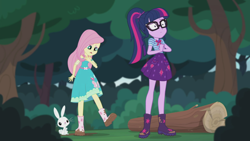 Size: 2208x1242 | Tagged: safe, screencap, character:angel bunny, character:fluttershy, character:twilight sparkle, character:twilight sparkle (scitwi), species:eqg human, episode:stressed in show, g4, my little pony:equestria girls, boots, bow tie, butterfly, clothing, dress, geode of telekinesis, glasses, log, looking down, magical geodes, mud, muddy, open mouth, ponytail, raised leg, sad, shoes, skirt, smiling, stressed in show: fluttershy, tree