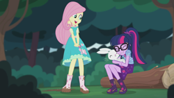 Size: 2208x1242 | Tagged: safe, screencap, character:angel bunny, character:fluttershy, character:twilight sparkle, character:twilight sparkle (scitwi), species:eqg human, episode:stressed in show, g4, my little pony:equestria girls, boots, butterfly, clothing, dress, eyes closed, glasses, happy, log, mud, muddy, open mouth, ponytail, shoes, skirt, smiling, stressed in show: fluttershy, tree