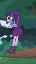 Size: 1242x2208 | Tagged: safe, screencap, character:angel bunny, character:twilight sparkle, character:twilight sparkle (scitwi), species:eqg human, episode:stressed in show, g4, my little pony:equestria girls, boots, clothing, cropped, eyes closed, geode of telekinesis, glasses, jumping, magical geodes, mud, muddy, open mouth, ponytail, shoes, skirt, smiling, stressed, stressed in show: fluttershy