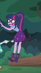 Size: 1242x2208 | Tagged: safe, screencap, character:fluttershy, character:twilight sparkle, character:twilight sparkle (scitwi), species:eqg human, episode:stressed in show, g4, my little pony:equestria girls, boots, clothing, cropped, faec, glasses, jumping, log, mud, muddy, open mouth, ponytail, shoes, shrunken pupils, skirt, solo focus, stressed, stressed in show: fluttershy