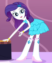 Size: 406x496 | Tagged: safe, screencap, character:rarity, episode:make up shake up, eqg summertime shorts, g4, my little pony:equestria girls, bent over, boots, clothing, cropped, dress, fall formal outfits, high heel boots, shoes, solo