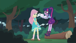 Size: 2208x1242 | Tagged: safe, screencap, character:angel bunny, character:fluttershy, character:twilight sparkle, character:twilight sparkle (scitwi), species:eqg human, episode:stressed in show, g4, my little pony:equestria girls, boots, butterfly, clothing, cute, dress, eyes closed, geode of fauna, geode of telekinesis, glasses, jumping, log, magical geodes, mud, muddy, open mouth, ponytail, shoes, skirt, smiling, stressed, stressed in show: fluttershy, tree