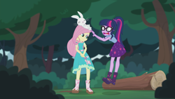 Size: 2208x1242 | Tagged: safe, screencap, character:angel bunny, character:fluttershy, character:twilight sparkle, character:twilight sparkle (scitwi), species:eqg human, episode:stressed in show, g4, my little pony:equestria girls, boots, butterfly, clothing, cute, dress, eyes closed, geode of fauna, glasses, jumping, log, magical geodes, mud, muddy, open mouth, ponytail, shoes, skirt, sleeping, smiling, stressed, stressed in show: fluttershy, tree