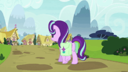 Size: 1280x720 | Tagged: safe, screencap, character:starlight glimmer, episode:rock solid friendship, g4, my little pony: friendship is magic, animated, bush, flower, house, looking back, mountain, path, ponyville, saddle bag, scenery, smiling, solo, sound, talking, tree, walking, webm