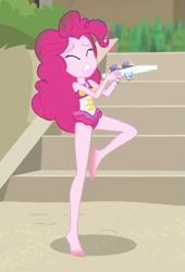 Size: 451x665 | Tagged: safe, screencap, character:pinkie pie, episode:too hot to handle, g4, my little pony:equestria girls, barefoot, clothing, cropped, eyes closed, feet, female, food, geode of sugar bombs, ice cream, swimsuit