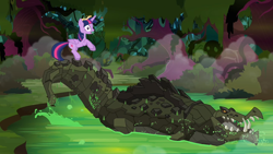 Size: 1280x720 | Tagged: safe, screencap, character:twilight sparkle, character:twilight sparkle (alicorn), species:alicorn, species:pony, episode:princess twilight sparkle, g4, my little pony: friendship is magic, big crown thingy, black vine, cragadile, crocodile, everfree forest, female, forest, jewelry, mare, open mouth, pond, regalia, surprised