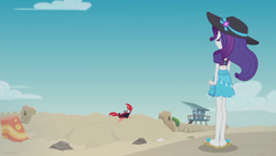 Size: 1920x1080 | Tagged: safe, screencap, character:rarity, species:crab, my little pony:equestria girls, aww... baby turtles, beach, clothing, cloud, crab fighting a giant rarity, feet, flip-flops, giant crab, rarity fighting a giant crab, rarity fighting a regular sized crab, role reversal, sand, sandals, sky, solo, swimsuit