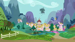 Size: 1280x720 | Tagged: safe, screencap, episode:the crystal empire, g4, my little pony: friendship is magic, golden oaks library, mountain, ponyville, ponyville town hall, scenery, town, tree, windmill