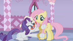 Size: 1280x720 | Tagged: safe, screencap, character:fluttershy, character:rarity, episode:suited for success, g4, my little pony: friendship is magic, carousel boutique, measuring tape