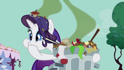 Size: 640x360 | Tagged: safe, screencap, character:rarity, species:pony, species:unicorn, episode:party of one, g4, my little pony: friendship is magic, cropped, not fabulous, smell, smelly, solo, stink lines, trash, trash can