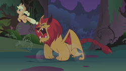 Size: 1280x720 | Tagged: safe, screencap, character:applejack, species:earth pony, species:pony, episode:friendship is magic, g4, my little pony: friendship is magic, duo, eyes closed, female, male, manny roar, manticore, mare, open mouth, roar