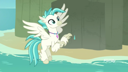 Size: 1920x1080 | Tagged: safe, screencap, character:terramar, species:classical hippogriff, species:hippogriff, species:pony, species:unicorn, episode:surf and/or turf, g4, my little pony: friendship is magic, discovery family logo, flying, male, solo, unshorn fetlocks