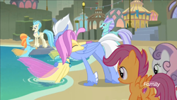 Size: 1600x900 | Tagged: safe, screencap, character:ocean flow, character:scootaloo, character:sky beak, character:sweetie belle, species:classical hippogriff, species:hippogriff, species:pegasus, species:pony, species:seapony (g4), episode:surf and/or turf, g4, my little pony: friendship is magic, discovery family logo, female, filly, flowbeak, hug, husband and wife, male, shipping, straight