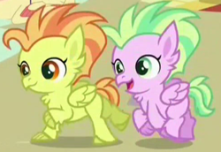 Size: 489x336 | Tagged: safe, screencap, species:classical hippogriff, species:hippogriff, episode:surf and/or turf, g4, my little pony: friendship is magic, background hippogriff, child, cropped, cute, duo, fledgeling, male, running