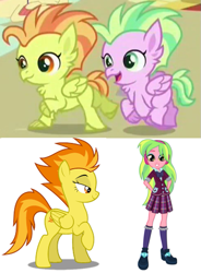 Size: 489x664 | Tagged: safe, screencap, character:lemon zest, character:spitfire, species:classical hippogriff, species:hippogriff, species:pegasus, species:pony, episode:surf and/or turf, g4, my little pony: friendship is magic, my little pony:equestria girls, background character, children, comparison, female, fledgeling, hmm, male, mare, raised hoof, similarities