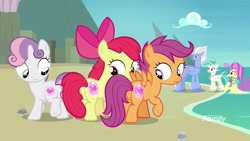 Size: 1920x1080 | Tagged: safe, screencap, character:apple bloom, character:ocean flow, character:scootaloo, character:sky beak, character:sweetie belle, character:terramar, species:earth pony, species:pegasus, species:pony, species:unicorn, episode:surf and/or turf, g4, my little pony: friendship is magic, booty call, cutie mark crusaders, discovery family logo, female, filly, glowing cutie mark, plot