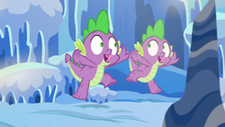 Size: 1280x720 | Tagged: safe, screencap, character:spike, character:thorax, species:dragon, episode:the times they are a changeling, g4, my little pony: friendship is magic, cave, cavern, crystal, disguise, disguised changeling, duo, imitation, season 6, smiling, snow, tongue out, twins