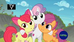 Size: 1920x1080 | Tagged: safe, screencap, character:apple bloom, character:scootaloo, character:sweetie belle, species:earth pony, species:pegasus, species:pony, species:unicorn, episode:surf and/or turf, g4, my little pony: friendship is magic, :o, adorabloom, bipedal, bipedal leaning, cute, cutealoo, cutie mark crusaders, diasweetes, discovery family logo, female, filly, group hug, happy, hnnng, hug, leaning, looking at you, mount aris, open mouth, raised hoof, smiling, trio, trio female, wide eyes