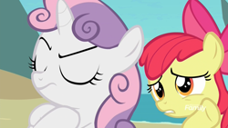 Size: 1920x1080 | Tagged: safe, screencap, character:apple bloom, character:sweetie belle, species:earth pony, species:pony, species:unicorn, episode:surf and/or turf, g4, my little pony: friendship is magic, crossed hooves, discovery family logo, eyes closed, female, filly, grumpy belle, stubborn, whispering