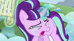 Size: 1280x720 | Tagged: safe, screencap, character:starlight glimmer, episode:the cutie re-mark, cloud, crying, glowing horn, magic, magic aura, s5 starlight, scroll, tears of anger, telekinesis, villainous breakdown