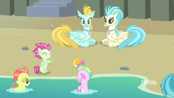 Size: 1920x1080 | Tagged: safe, screencap, species:classical hippogriff, species:hippogriff, species:seapony (g4), episode:surf and/or turf, g4, my little pony: friendship is magic, background hippogriff, ball, beach, female, fledgeling, mount aris