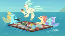 Size: 1920x1080 | Tagged: safe, screencap, species:classical hippogriff, species:hippogriff, species:seapony (g4), episode:surf and/or turf, g4, my little pony: friendship is magic, background hippogriff, background sea pony, bowl, bread, cookie, cup, cupcake, discovery family logo, food, ocean, picnic, picnic blanket, plate, raft, seaweed, sugar bowl, teacup, teapot