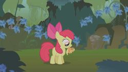 Size: 1280x720 | Tagged: safe, screencap, character:apple bloom, character:applejack, species:pony, episode:bridle gossip, g4, my little pony: friendship is magic, appletini, duo, everfree forest, female, filly, mare, micro, mouth hold, poison joke, sisters