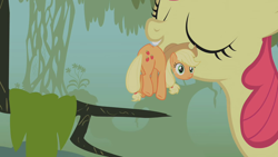 Size: 1280x720 | Tagged: safe, screencap, character:apple bloom, character:applejack, species:pony, episode:bridle gossip, g4, my little pony: friendship is magic, animation error, appletini, detached head, duo, everfree forest, eyes closed, female, filly, mare, micro, moss, mouth hold, sisters, tree branch