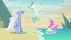 Size: 1920x1080 | Tagged: safe, screencap, character:ocean flow, character:sky beak, character:terramar, species:classical hippogriff, species:hippogriff, species:seapony (g4), episode:surf and/or turf, g4, my little pony: friendship is magic, discovery family logo, family, father and son, female, male, mother and son