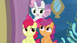 Size: 1280x720 | Tagged: safe, screencap, character:apple bloom, character:scootaloo, character:sweetie belle, species:pegasus, species:pony, species:seapony (g4), episode:surf and/or turf, g4, my little pony: friendship is magic, cutie mark crusaders, inside, laughing, raised eyebrow, sea-mcs, seaponified, seapony apple bloom, seapony scootaloo, seapony sweetie belle, species swap, trio, underwater