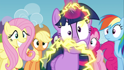 Size: 1366x768 | Tagged: safe, screencap, character:applejack, character:fluttershy, character:pinkie pie, character:rainbow dash, character:rarity, character:twilight sparkle, character:twilight sparkle (alicorn), species:alicorn, species:pony, episode:twilight's kingdom, g4, my little pony: friendship is magic, electricity, electrocution, female, grin, magic, mane six, mare, schadenfreude, smiling
