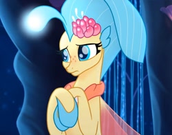 Size: 1029x806 | Tagged: safe, screencap, character:princess skystar, species:seapony (g4), my little pony: the movie (2017), beautiful, bioluminescent, blue eyes, cropped, cute, eyelashes, female, fins, flower, flower in hair, freckles, sad, seaquestria, seashell necklace, skyabetes, underwater, water, wings