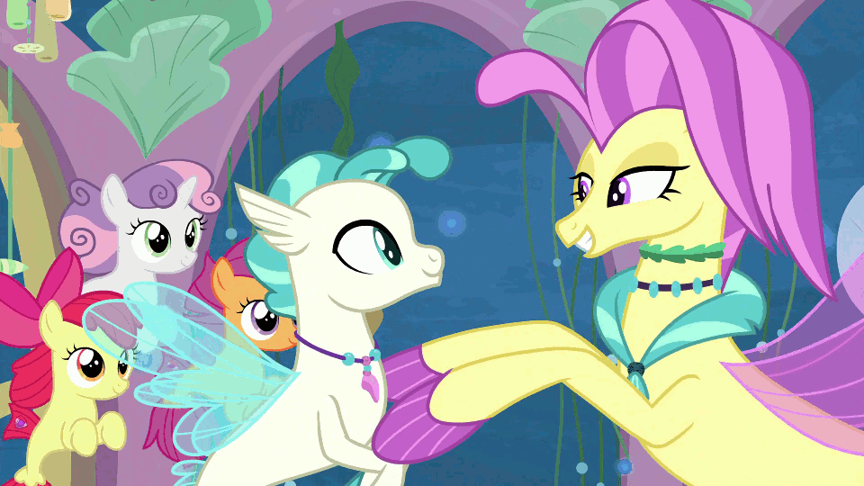 Size: 960x540 | Tagged: safe, screencap, character:apple bloom, character:ocean flow, character:scootaloo, character:sweetie belle, character:terramar, species:pegasus, species:pony, species:seapony (g4), episode:surf and/or turf, g4, my little pony: friendship is magic, animated, boop, cute, cutie mark crusaders, eye contact, eyes closed, female, filly, grin, happy, jewelry, laughing, lidded eyes, looking at each other, male, mama ocean flow, mother and son, motherly, necklace, oceanbetes, open mouth, raised eyebrow, sea-mcs, seaponified, seapony apple bloom, seapony scootaloo, seapony sweetie belle, smiling, species swap, swimming, talking, terrabetes, underwater