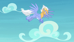 Size: 1280x720 | Tagged: safe, screencap, character:sky beak, species:classical hippogriff, species:hippogriff, episode:surf and/or turf, g4, my little pony: friendship is magic, armor, chestplate, flying, helmet, looking down, male, sky, solo, spread wings, wings