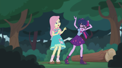 Size: 2208x1242 | Tagged: safe, screencap, character:fluttershy, character:twilight sparkle, character:twilight sparkle (scitwi), species:eqg human, episode:stressed in show, g4, my little pony:equestria girls, boots, bow tie, butterfly, clothing, dress, eyes closed, geode of telekinesis, glasses, lidded eyes, log, magical geodes, mud, muddy, open mouth, ponytail, shoes, skirt, stressed in show: fluttershy, tree