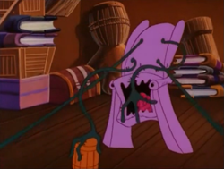 Size: 721x545 | Tagged: safe, screencap, episode:the quest of the princess ponies, g1, barrel, chair monster, eating, hand, solo, you know for kids
